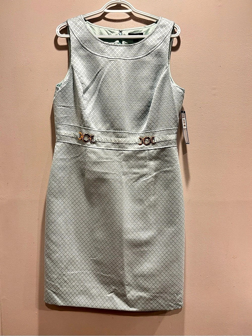 Tahari Arthur S. Levine Jacquard Sleeveless Belted Sheath Dress White & Green 12